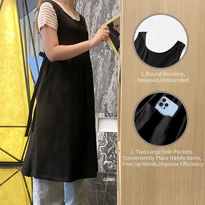 Premium Plus Size Apron Adjustable Waistline Bib Apron,Soft Cotton Blend Apron with Pockets (Black) - Image 3