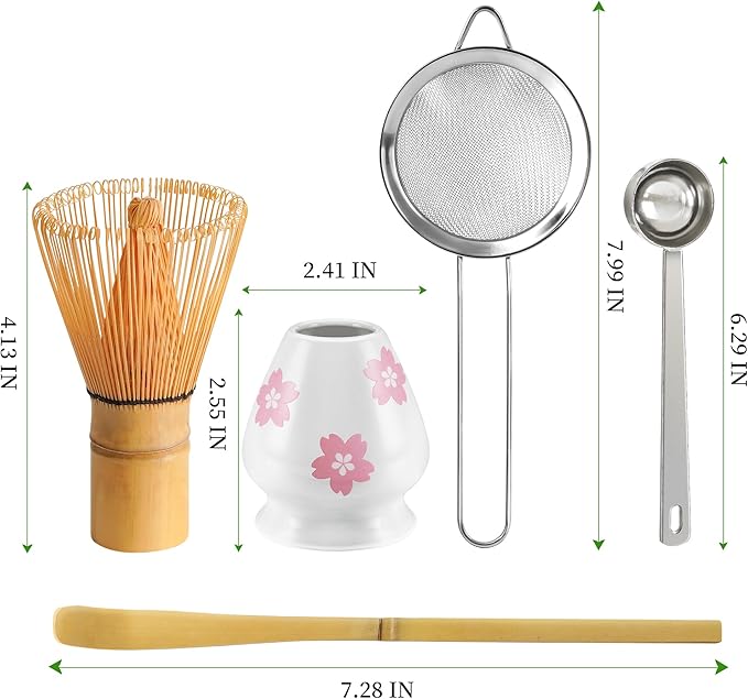 Matcha Whisk Set Matcha Making Kit Bamboo Chasen Ceramic Whisk Holder Stand Sifter Scoop Japanese Tea Tools (White)