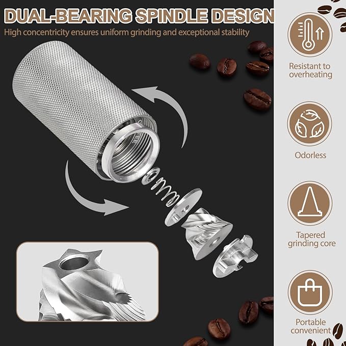 Non-Detachable Manual Coffee Grinder with 25 Level Stainless Steel Conical Burr Portable Aluminum Coffee Bean Grinder Suitable for Moka Pot Espresso French Press Pour Over Easy Cleaning with Brush
