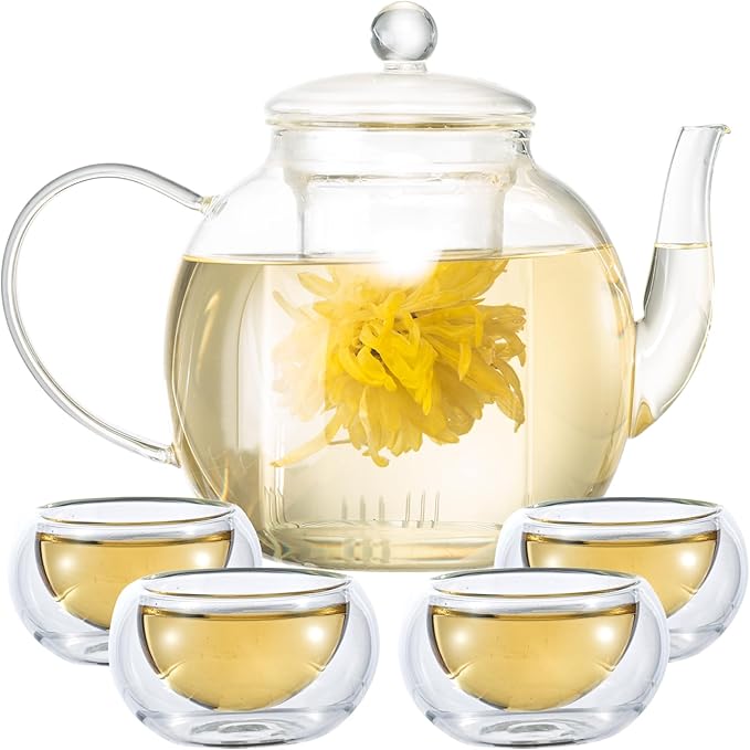 Glass Teapot Set with 4 Teacups, 1500 ml/50 oz Tea Pot with Infusers for Loose Tea and Flower Tea, Stovetop and Microwave Safe Borosilicate Glass Tea Kettle, Tea Gift Sets for Christmas