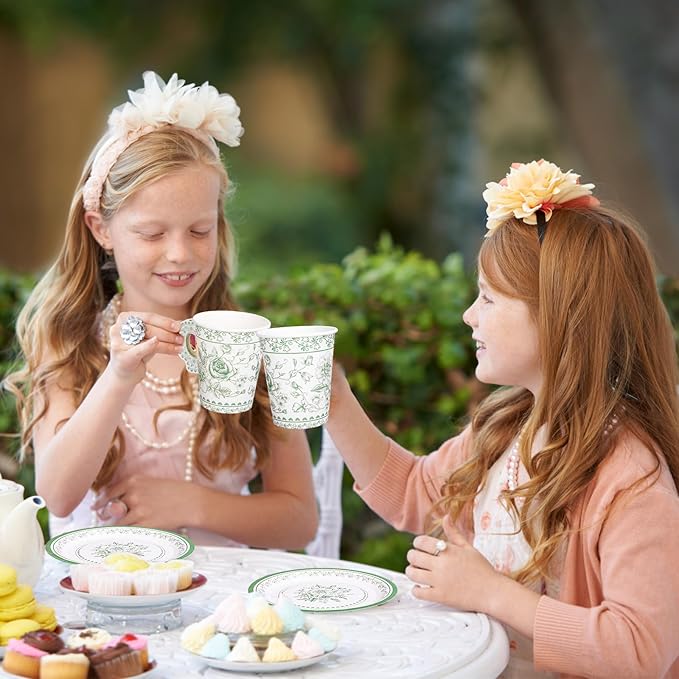 Whaline 80 Pcs Green White Floral Paper Tea Cups and Saucers Porcelain Chinoiserie Flower 9oz Disposable 40 Teacups with Handle and 40 Dessert Plates for Wedding Baby Shower Birthday Spring Tea Party