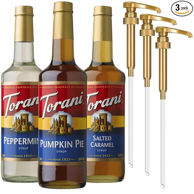 Torani Coffee Syrup, Pumpkin Pie, Peppermint, and Salted Caramel Syrup for Drinks, Fall & Winter Variety 3-Pack, Pumps Included, 25.4 Fl Oz Ea