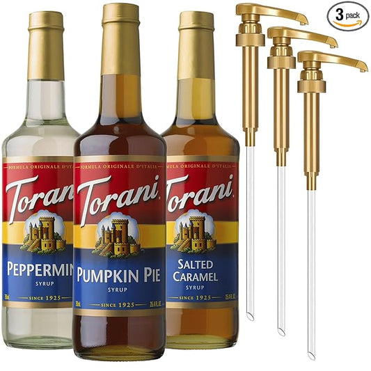 Torani Coffee Syrup, Pumpkin Pie, Peppermint, and Salted Caramel Syrup for Drinks, Fall & Winter Variety 3-Pack, Pumps Included, 25.4 Fl Oz Ea