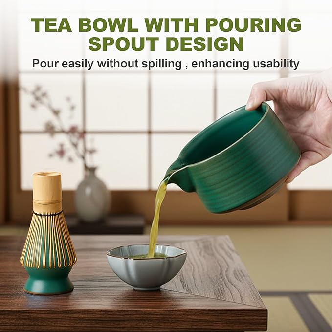 Matcha Whisk Set, 8-Piece Matcha Set & Matcha Kit with Ceramic Bowl, Whisk, Stainless Steel Sifter, Spoon & Natural Wood Holder, for Matcha Lovers（Agate Green）