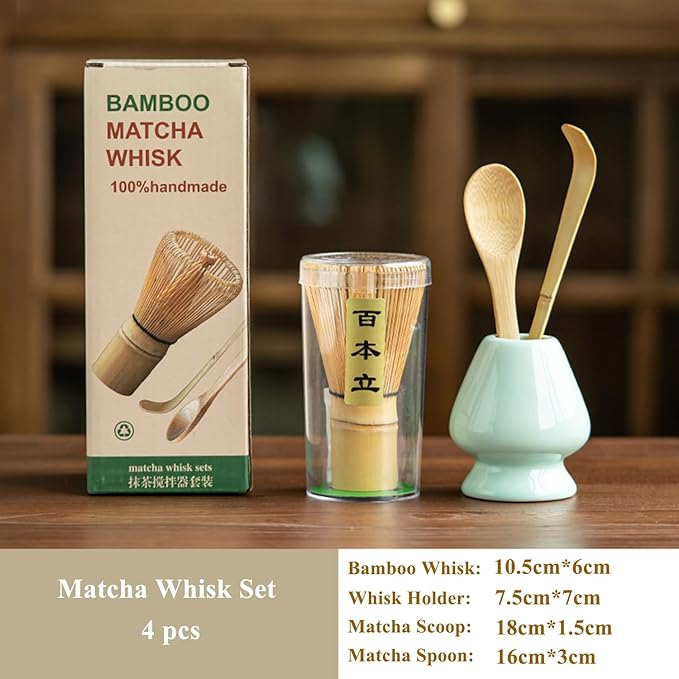 Matcha Whisk Set - Matcha Set 4 Pcs - Bamboo Matcha Whisk + Ceramic Whisk Holder + Scoop +Spoon - 100% Handmade from natural Bamboo - for starter