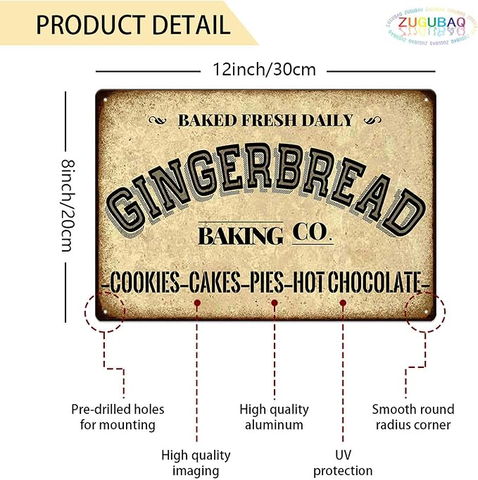 Gingerbread Baking Co. Cookies Cakes Pies Hot Chocolate Metal Tin Sign Vintage Decoration Crafts Sign For Home Kitchen Farmhouse Coffee Bar Cafe Inspirational Quotes Wall Decor 8X12 Inch - Image 2