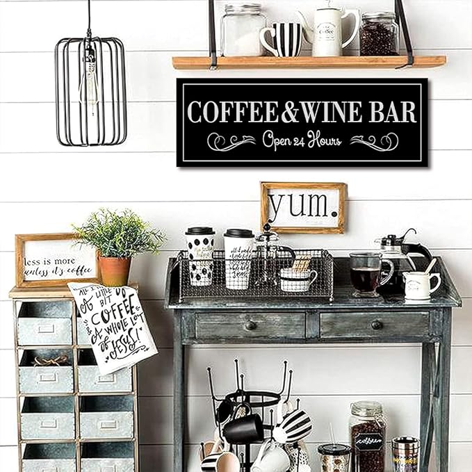 WOWGOOMO Coffee and Wine Bar Signs Decor, Classic Kitchen Wine Cabinet Decorative Signs & Plaques, Black Bar Accessories, 8x24 Inches