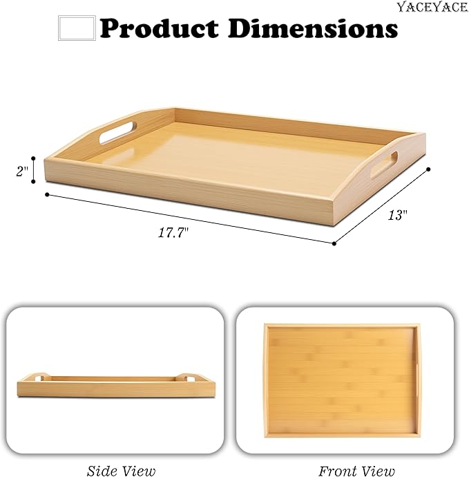 Large Tray for Ottoman Coffee Table, 17.7"x13"x2" Large Bamboo Serving Tray with Handle, Trays for Home Decor, Bathroom,Breakfast, Dining