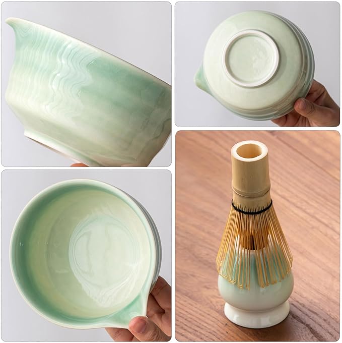 Japanese Matcha Set, Matcha Bowl with Spout, Matcha Whisk and Holder, Bamboo Matcha Scoop and Stainless Steel Sifter - 5 Pcs Gradient Green Matcha Kit for Matcha Lover