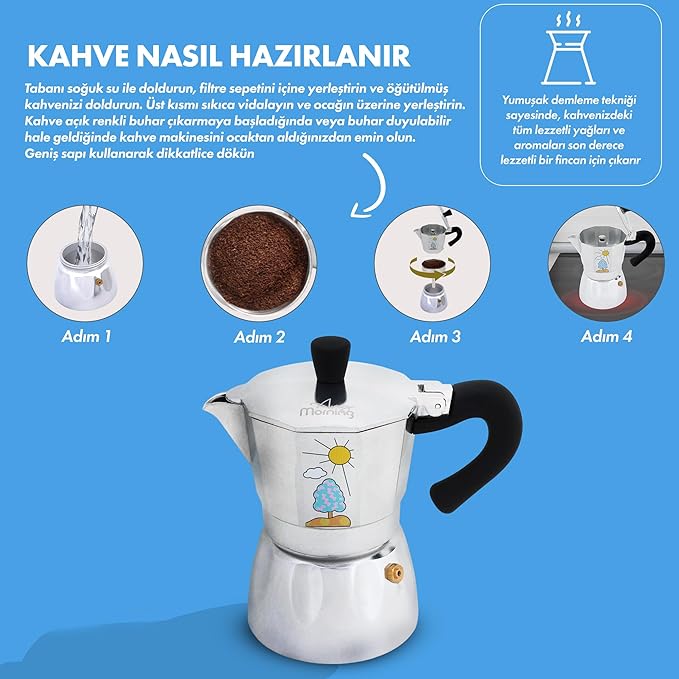 Any Morning Espresso Stovetop Moka Pot, 6 Cup Italian Coffee Maker, Aluminum, PBA Free, 8 Oz, 6 Expresso Cups Silver