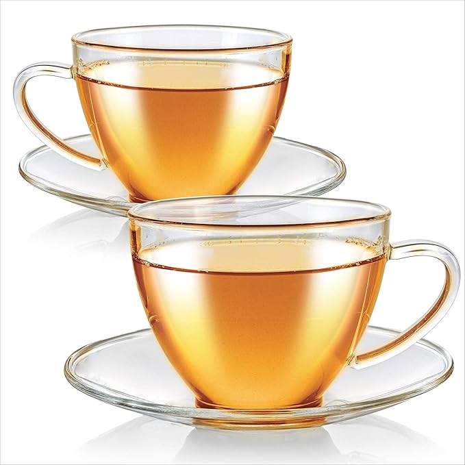 Teabloom Royal Teacup and Saucer Set 2-Pack – Standard Teacup Size – 6 OZ/ 180 ML Capacity – Crystal Clear Classic Design – Premium Borosilicate Glass – Durable and Heat Resistant