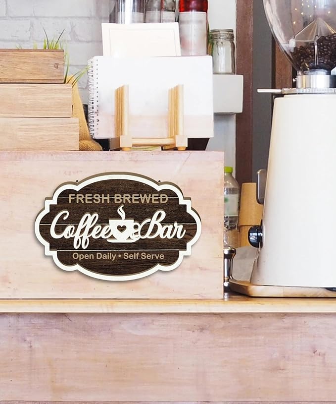 Putuo Decor Vintage Coffee Bar Sign, Farmhouse Coffee Accessories for Cafe Station Wall Decor, Elegant Double-Layer Cafe Sign for Home Kitchen Countertop Decoration, 11.5×7.5in
