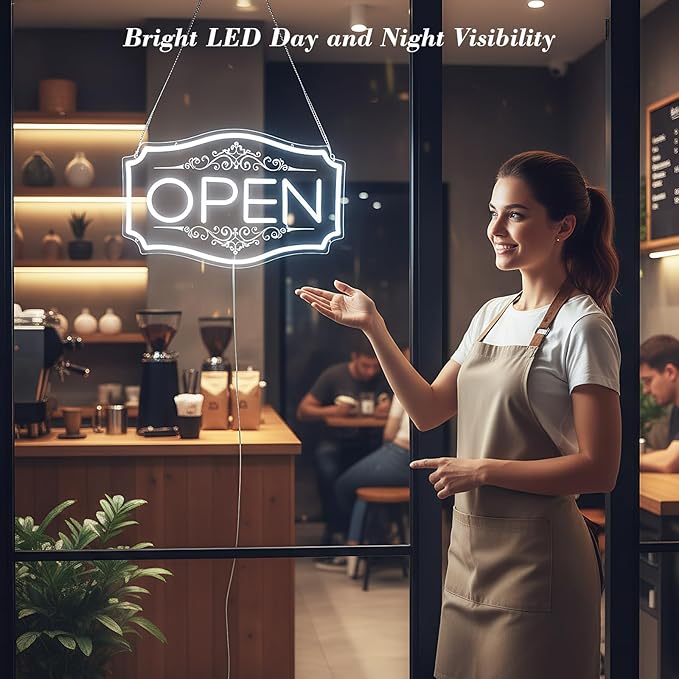 Open Sign for Business, LED Dimmable Neon Open Sign with 12V/2A Adapter, 16.5" x 10.5", White, Bright LED Visibility to Light Up Window, Wall, Bar, Coffee, Salon and Store