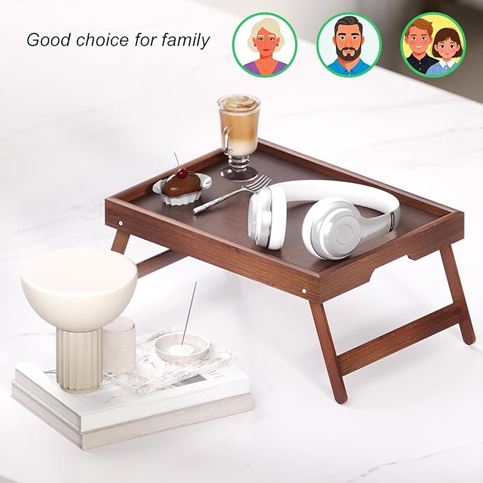 4 Pack Bamboo Bed Tray Table with Folding Legs,Breakfast Trays,Serving Tray for Food and Snack,Laptop Trays for Working(Brown)