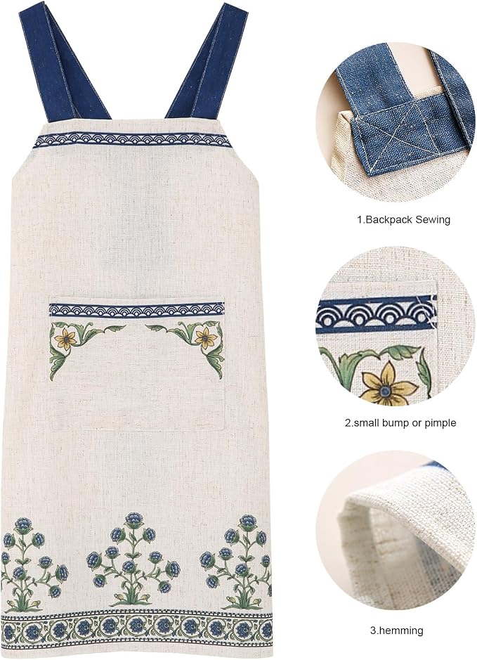 patdrea Blue Floral Linen Apron with Pocket,French Kitchen Garden Chef BBQ Aprons for Women and Men,Crisscross Back Straps - Image 4