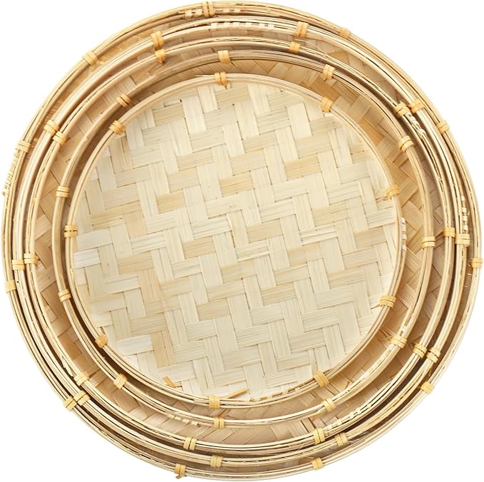 Goaste 5 Pack Round Bamboo Serving Trays, Decorative Flat Wicker Baskets, Handwoven Shallow Wicker Organizers for Food Storage, Fruit, Snacks, Kids DIY Drawing, Wall Hanging Decoration