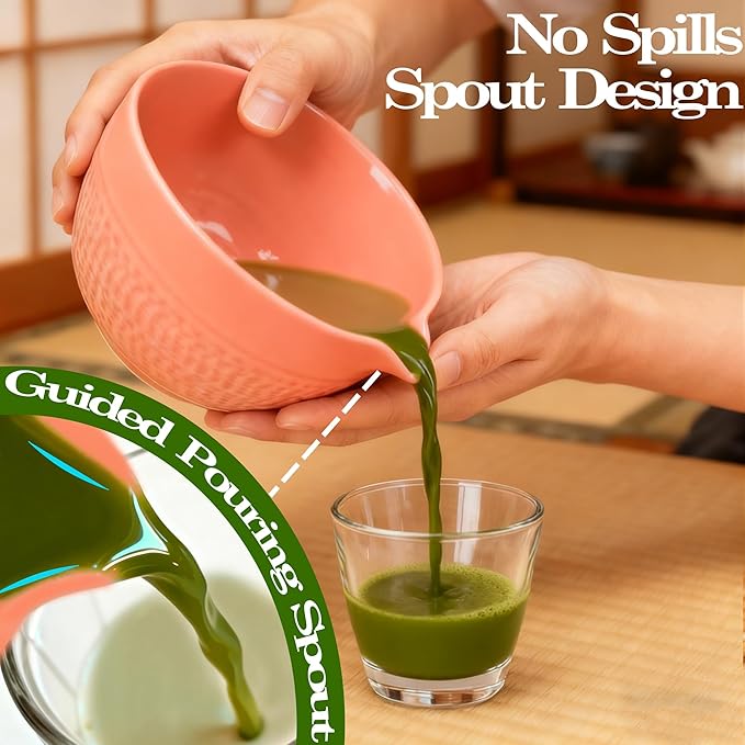 Matcha Bowl with Spout, Traditional Ceramic Matcha Tea Bowl Japanese Ceremonial Chawan for Whisking Mixing & Daily Use, 18oz/500ml Pink