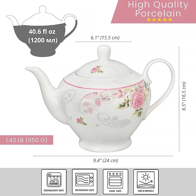Porcelain Teapot 40 oz. Microwave & Dishwasher Safe Tea Pots for Tea, Pots for Women Gift (English Rose)