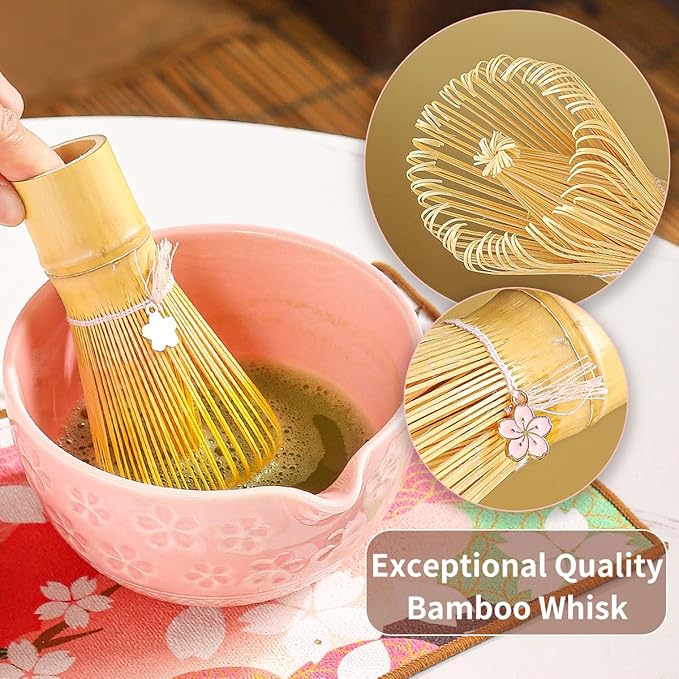 8-Piece Matcha Ceremony Set - Tea Kit with Cherry Blossom Bowl, Bamboo Whisk, Wood Scoops, Tea Cloth & Floral Display - Gift-Ready Pink Cherry color box (pink)