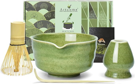 Artcome 4-Piece Matcha Tea Set - Complete Japanese Ceremony Kit with Bowl, Whisk, Whisk Holder, Scoop & Guide, Mottled Green