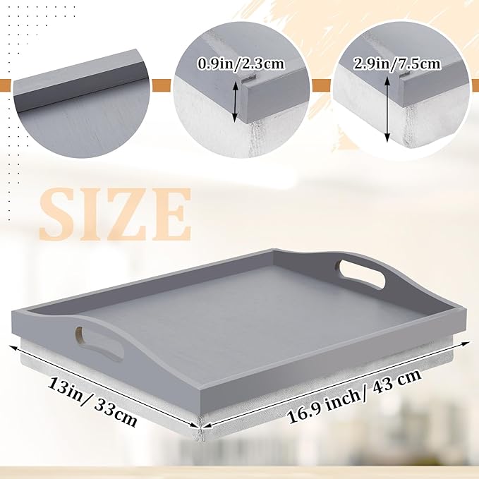 Tioncy 1 Piece Bamboo Lap Tray with Detachable Pillow 16.9'' x 13'' Lap TV Trays Desk with Handles for Adults Eating in Recliner Breakfast Housewarming Gift (Grey)