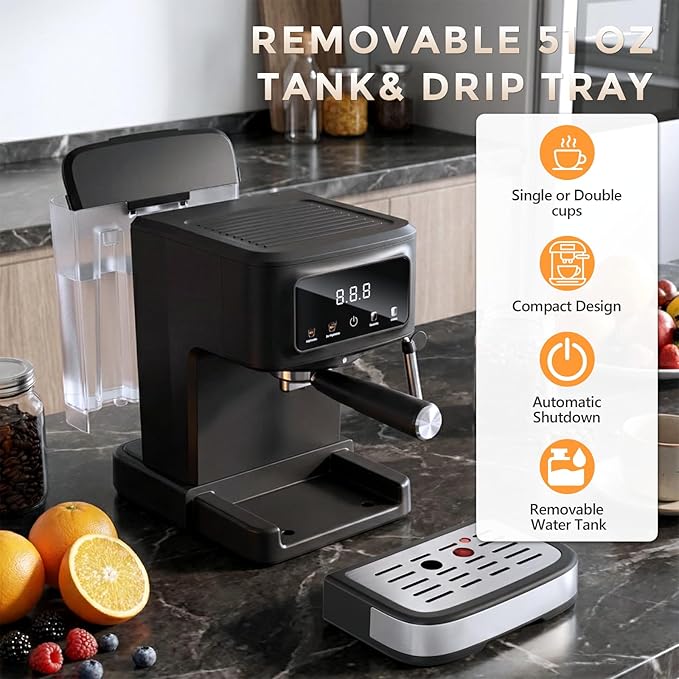 Espresso Machine with Milk Frother, Compact Coffee Maker for Home, Cappuccino & Latte, 15 Bar Pump, Dual Stainless Steel Filters, LED Touch Screen, Removable Water Tank & Drip Tray