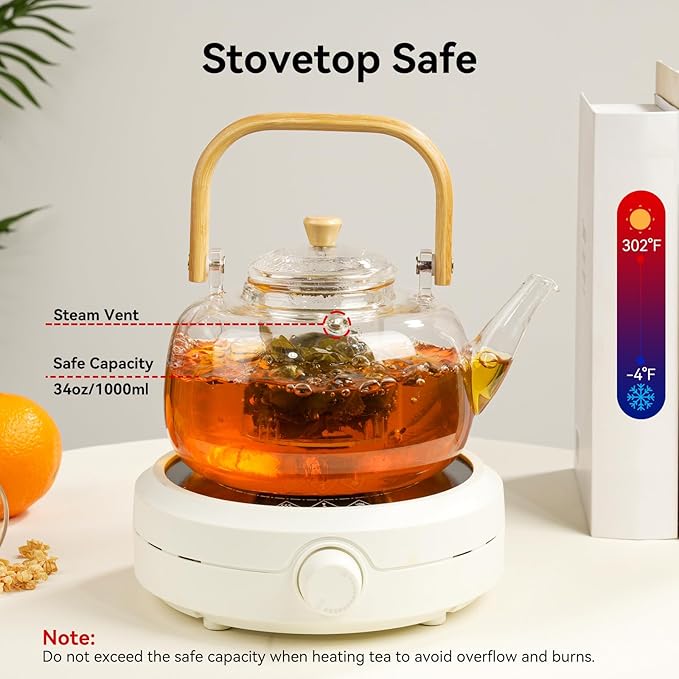 49OZ/1450ML Glass Teapot with Removable Infuser & Lid, Stovetop & Microwave Safe Clear Borosilicate Glass Tea Maker Water Kettle for Loose Leaf Blooming Tea
