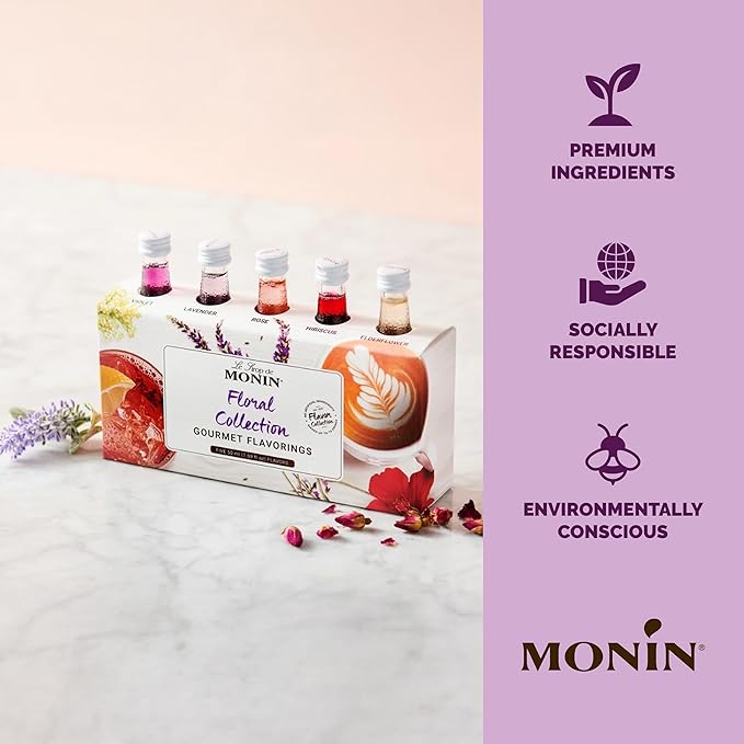 Monin - Gourmet Flavorings Floral Collection, Great for Cocktails, Lemonades, Teas, & Sodas, Gluten-Free, Dairy-Free, (Violet, Lavender, Rose, Hibiscus, & Elderflower) | 50 ml Per Bottle