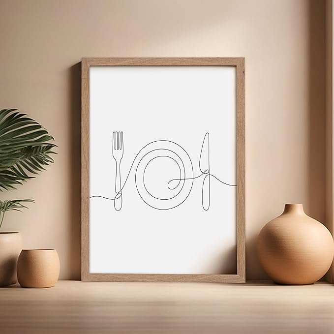 Poster Master Vintage Minimalist Poster - Retro Illustration Print - Fork, Plate, Knife, Line Drawing, Simple - Gift for Artist, Friend - Wall Decor for Kitchen, Restaurant, 16x20 Beige Framed