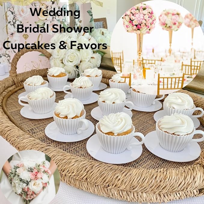 Evelots Baking Cupcake Molds - Silicone Teacup Set - 48 Pc Set - Oven-Safe - Nonstick - Muffin Cups for Bridal/Baby Shower, Birthday/Tea Party - 24 Cups & 24 Saucers - BPA Free