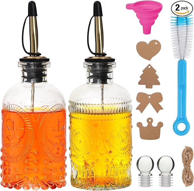 7oz Glass Coffee Syrup Dispenser, 2-Pack Complete Set with Funnel, Brush, Stoppers & Accessories - Syrup Bottles for Coffee Bar with Metal Pour Spout, Ideal for Maple,Oil, Vinegar,Cooking wine by Alotpower