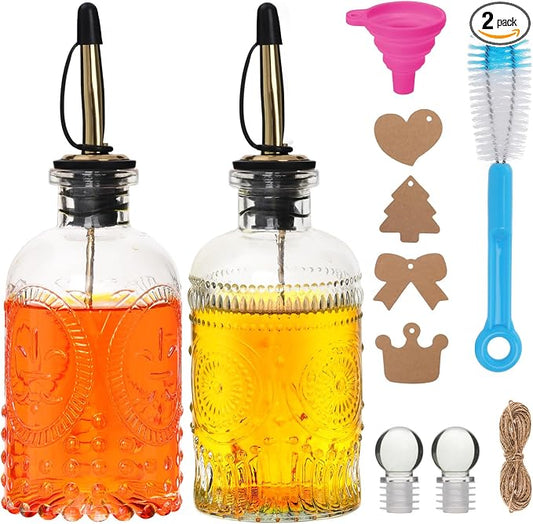7oz Glass Coffee Syrup Dispenser, 2-Pack Complete Set with Funnel, Brush, Stoppers & Accessories - Syrup Bottles for Coffee Bar with Metal Pour Spout, Ideal for Maple,Oil, Vinegar,Cooking wine by Alotpower