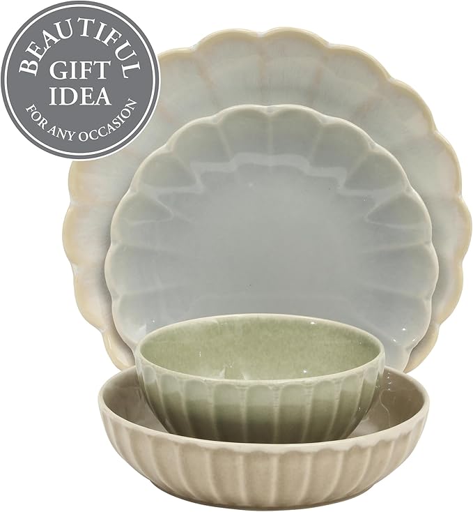 Gibson Elite Malibu Shore 16 Piece Scallop Stoneware Reactive Glaze (Service for 4) Ceramic Plates and Bowls Dinnerware Set - Assorted Color (Shiny Cream White, Blue, Cream, Terracotta)