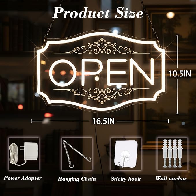 Open Sign for Business, LED Dimmable Neon Open Sign with 12V/2A Adapter, 16.5" x 10.5", Warm White, Bright LED Visibility to Light Up Window, Wall, Bar, Coffee, Salon and Store