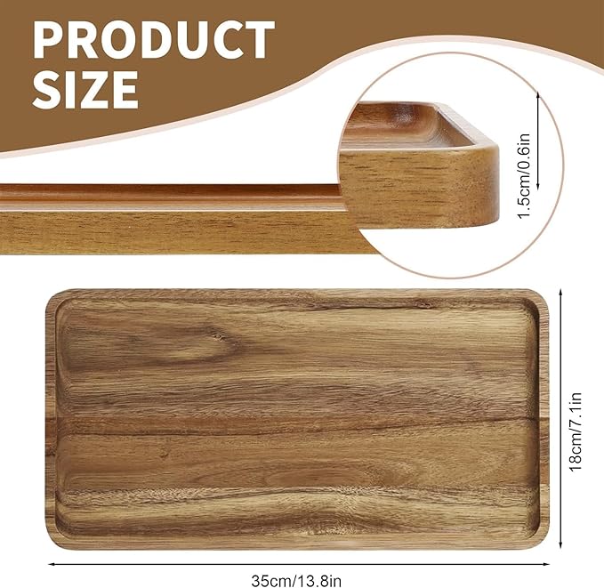 Solid Acacia Wood Serving Trays (14 x 7 inches) Rectangular Wooden Serving Platters for Home Decor, Food, Vegetables, Fruit, Charcuterie, Appetizer Serving Tray, Cheese Board