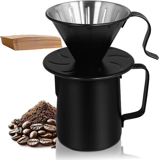 Pour Over Coffee Maker 350ml Milk Frothing Pitcher 304 Thickened Stainless Steel Drip Coffeemaker Set with 50pcs V60 Cone Paper Filters Hand Brew Dripper Carafe for Home Camping Travel 12oz
