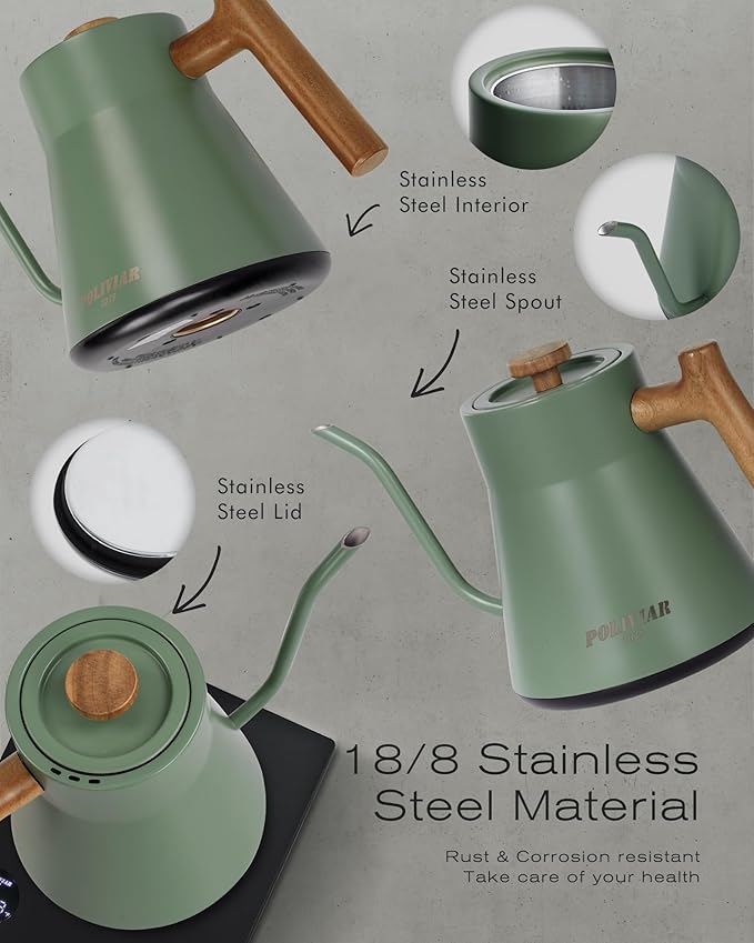 POLIVIAR Electric Gooseneck Kettle, 1200W Electric Tea Kettle Real Wood Handle, 34oz Pour Over Electric Kettle for Coffee & Tea, 18/8 Stainless Steel Inner, Temperature Control & Rapid Heating