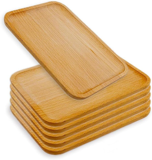 6 Pack Solid Wood Serving Platters and Trays of Natural Wood with Edge,Rectangular Avoid Sliding and Spilling Food (6pcs * 10x7 Inch)