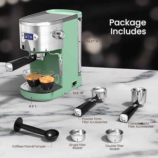20 Bar Espresso Machine, Professional Stainless Steel Coffee Maker with LCD Display, 45oz Removable Water Tank, Home & Office Espresso Maker for Cappuccino Latte Macchiato, Green