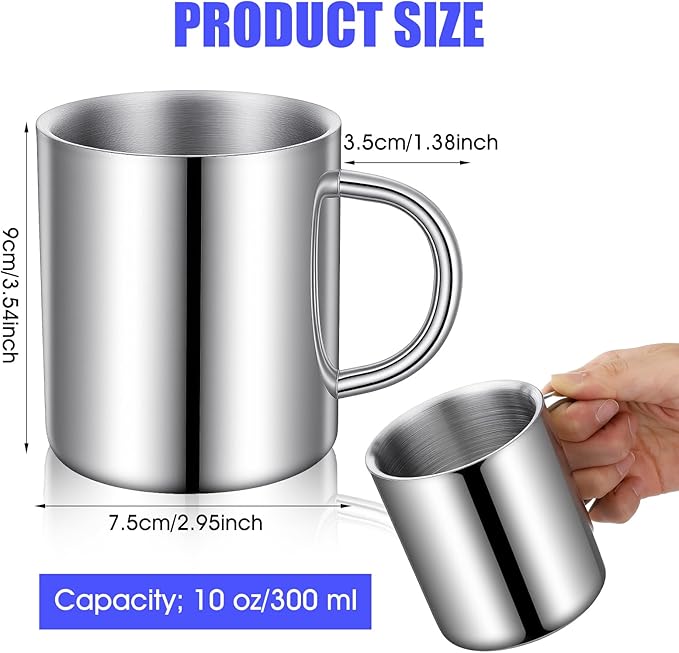 4 PCS Stainless Steel Cups Mit Handle, 10oz/300ml Metal Double Walled Cups Anti Scalding Insulated Mugs Reusable Metal Cup Tumbler for Home Camping Travel Outdoors Coffee, Milk,Tea and Cold or Hot