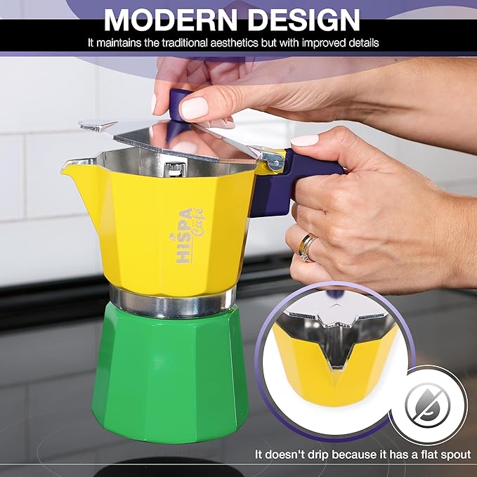Stovetop Espresso Coffee Maker Moka Pot, 3 Espresso Cups (6 oz.), Aluminum, Silver, Green, Blue and Yellow, Brazil Themed, Cafeteira, Cafetera