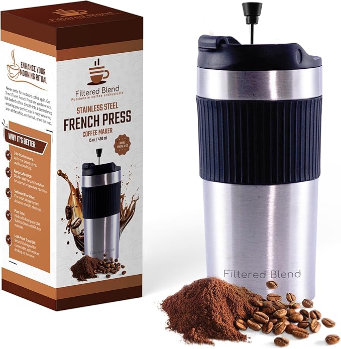 15oz Double Wall Stainless Steel Insulated French Press Coffee and Tea Maker - Portable Camping Mug and Tumbler - Heat Retaining, Leak-Proof, Travel-Friendly for Office and Outdoor Adventures (Silver)