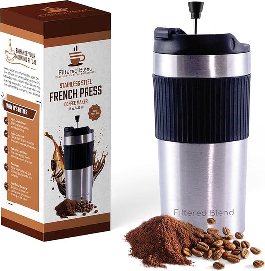 15oz Double Wall Stainless Steel Insulated French Press Coffee and Tea Maker - Portable Camping Mug and Tumbler - Heat Retaining, Leak-Proof, Travel-Friendly for Office and Outdoor Adventures (Silver)