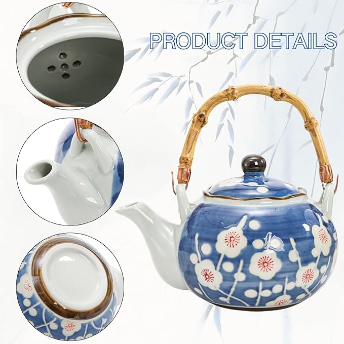 Japanese Tea Set, Ceramic Floral Tea Pot and 4 Pieces Cups with Infuser Bamboo Handle, Traditional Bone China Teapot Kit Gift for Coffee, Water, Home, Office
