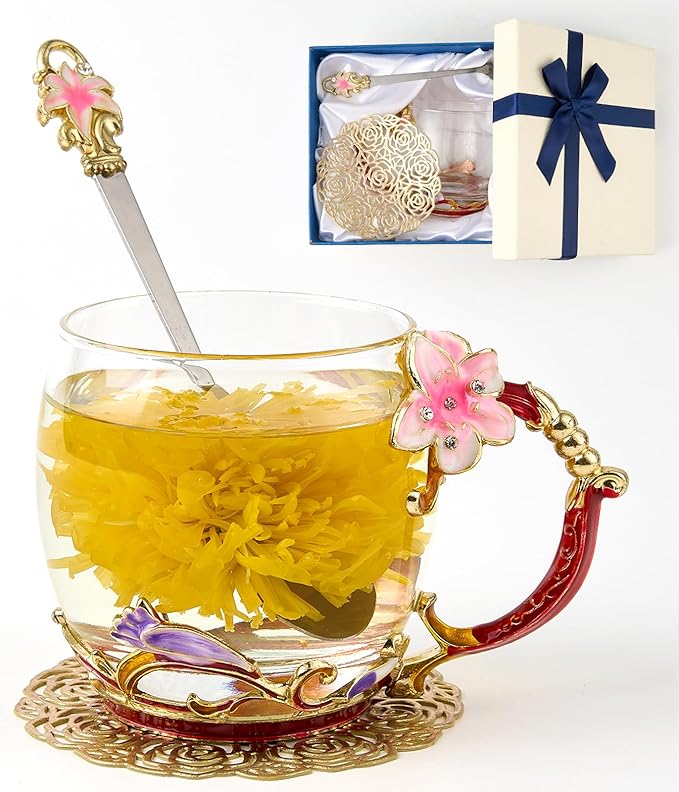 Flower Tea Cup ,Lily flower Clear Glass Fancy Coffee Mug with Spoon,Gift Box for Her Mom Wife Grandma Girls Friends Valentines Christmas Birthday Present Idea for Juice,Hot And Cold Drinks Use