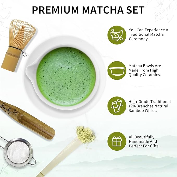 Matcha Whisk Set, Matcha Bowl with Spout, Bamboo Whisk, Scoop, Sifter, Whisk Holder – Home & Kitchen Décor, Perfect for Christmas, Birthdays