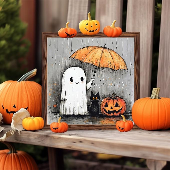 Whimsical Halloween Decorative Sign Black Cat, Ghosts & Pumpkin Wooden Sign, With Frame Sign for Home Office, Cafe, Bedroom Halloween Decor 7.87x7.87 Inch - Image 7