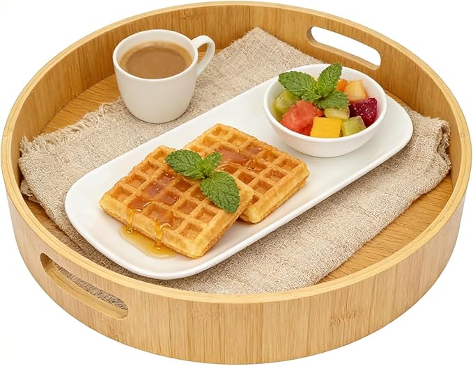 13.8 Inch Large Round Bamboo Serving Tray with Handles, Wood Round Tray for Breakfast, Drinks, Snacks on Bed Sofa and Home Dining Table (Brown)