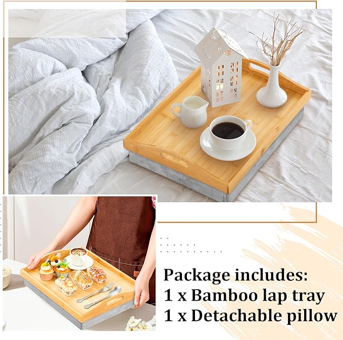 Tioncy 1 Piece Bamboo Lap Tray with Detachable Pillow 16.9'' x 13'' Lap TV Trays Desk with Handles for Adults Eating in Recliner Breakfast Housewarming Gift (Wood)