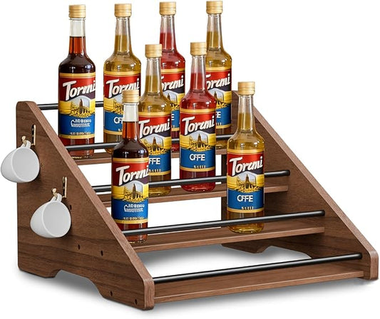 Coffee Syrup Organizer, 4-Tier Solid Wood Syrup Rack, Wine Rack, Storage Organizer for 16 Syrup Bottles/Spice Jars/Liquor Bottles, Sturdy Storage Stand for Coffee Bar